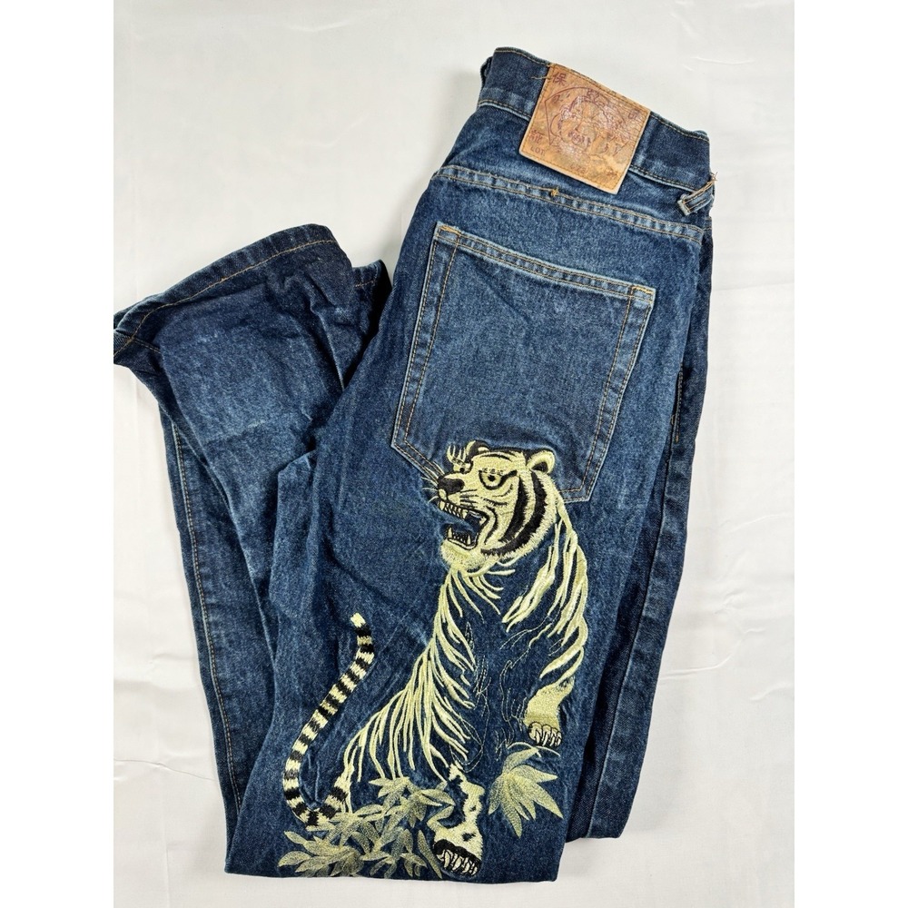 Evisu Heritage Denim Jeans Mens 34 Tiger Embroidery Gold Seagull Streetwear Y2K